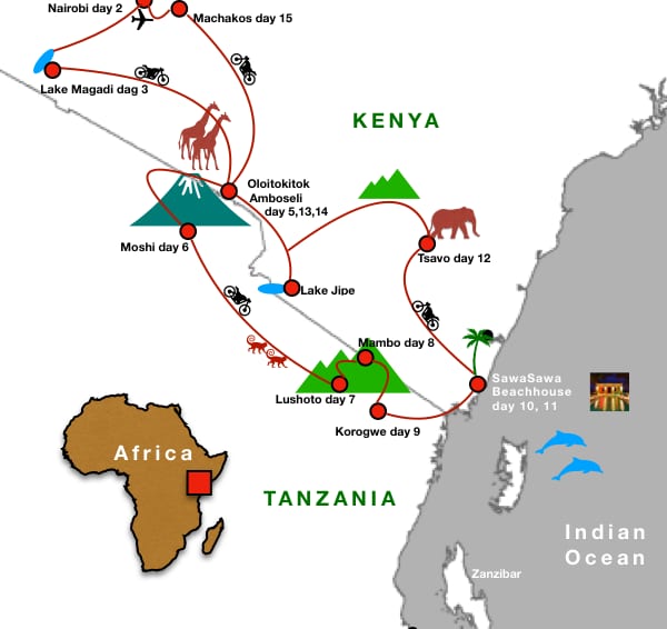 Kaart van de 17-daagse Kilimanjaro-motorroute door Kenia en Tanzania